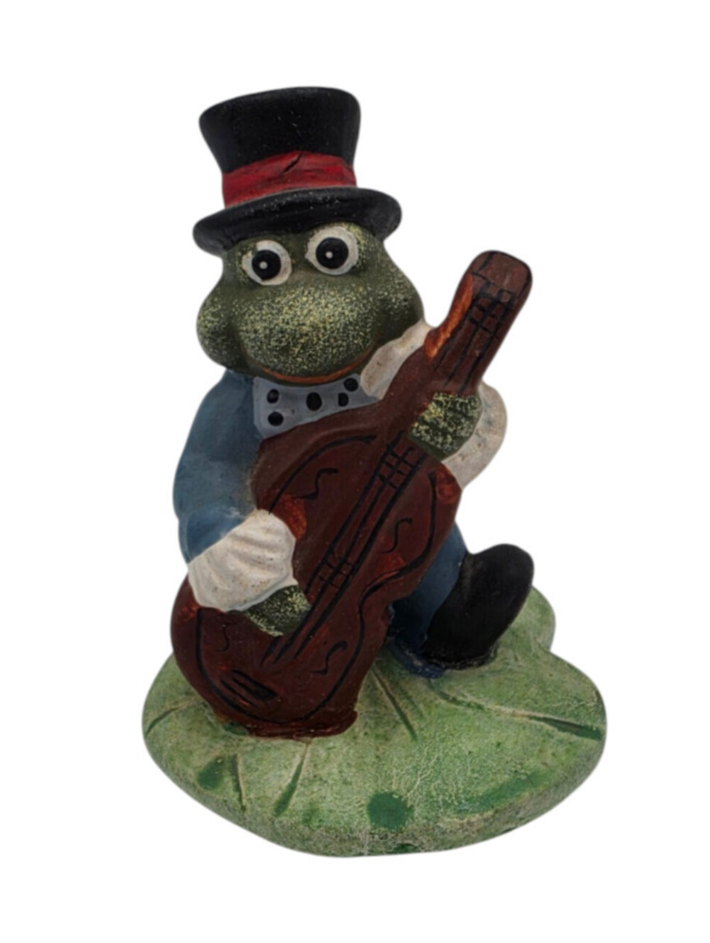 Vintage Hand Painted ceramic whimsical frog sculpture Playing Instrument